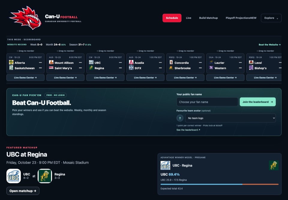 CAN U Football website showing its Canadian university football schedule and fan pick’em interface