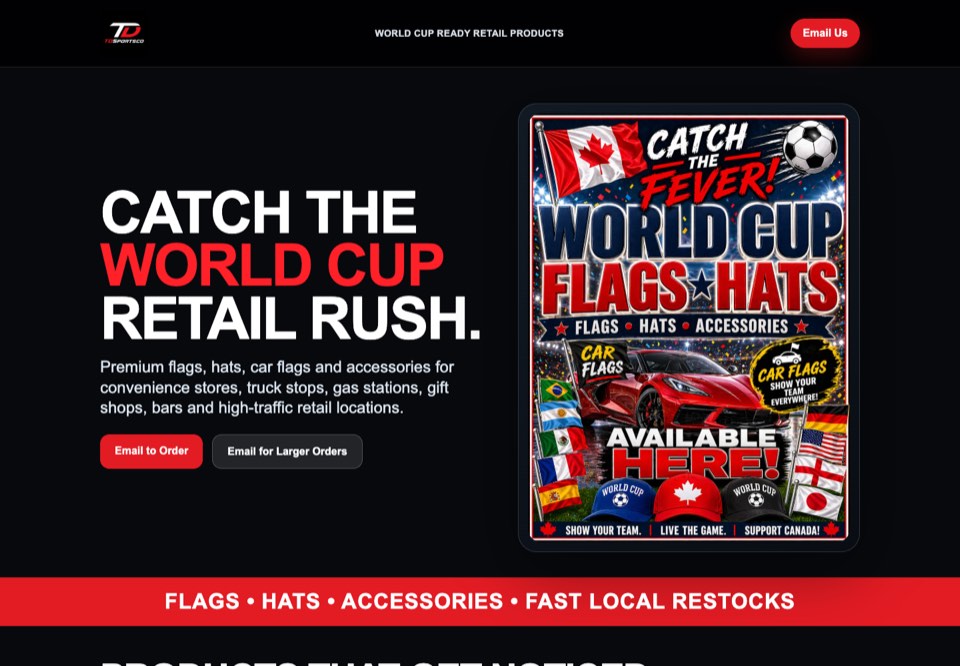 TD Sportsco website featuring World Cup flags, hats, and accessories with email enquiry buttons